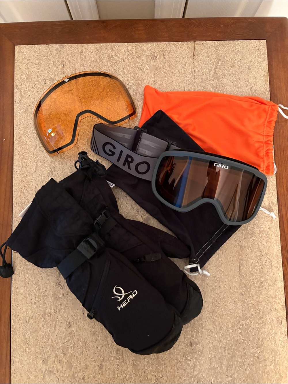 Giro Snow Goggles with Orange Spare Lens and Black Gloves